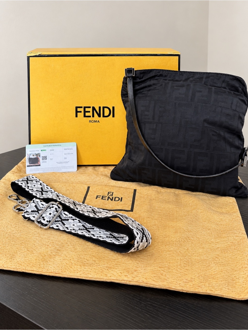 Fendi Black Zucca FF Shoulder / Crossbody Bag โ Box, Dust Bag, COA + Extra Strap